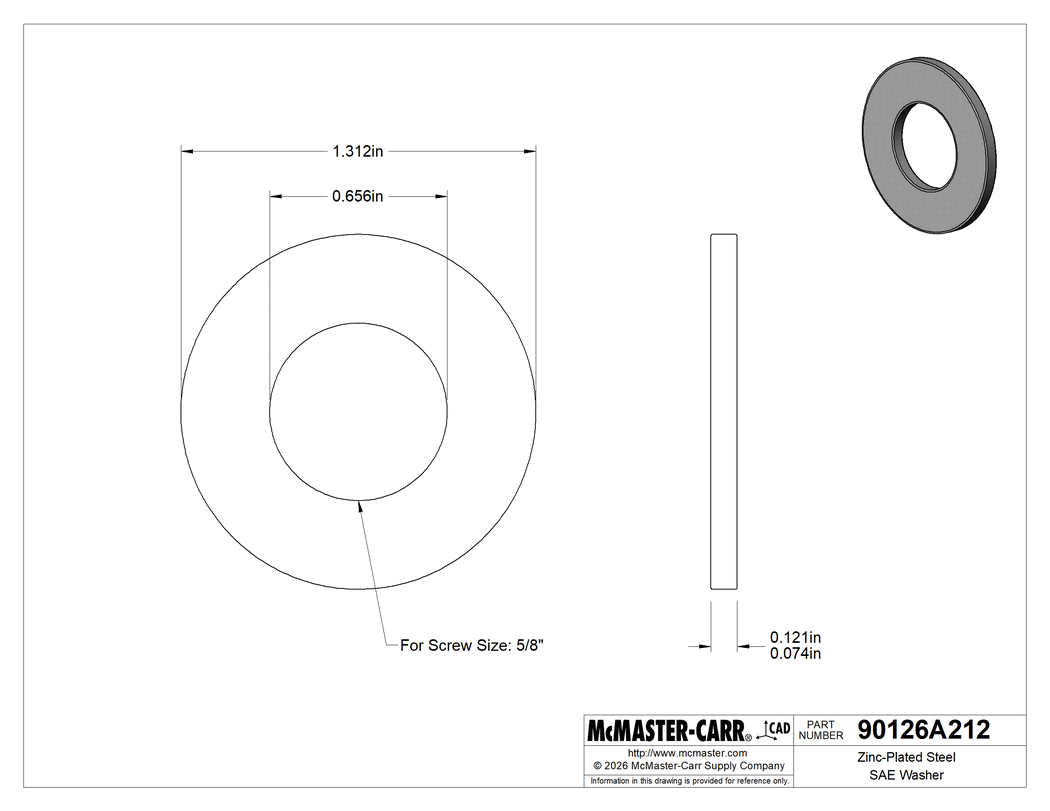 Technical Drawing of Zinc-Plated Steel SAE Washer, Grade 5, for 5/8" Screw Size, 0.656" ID, 1.312" OD.